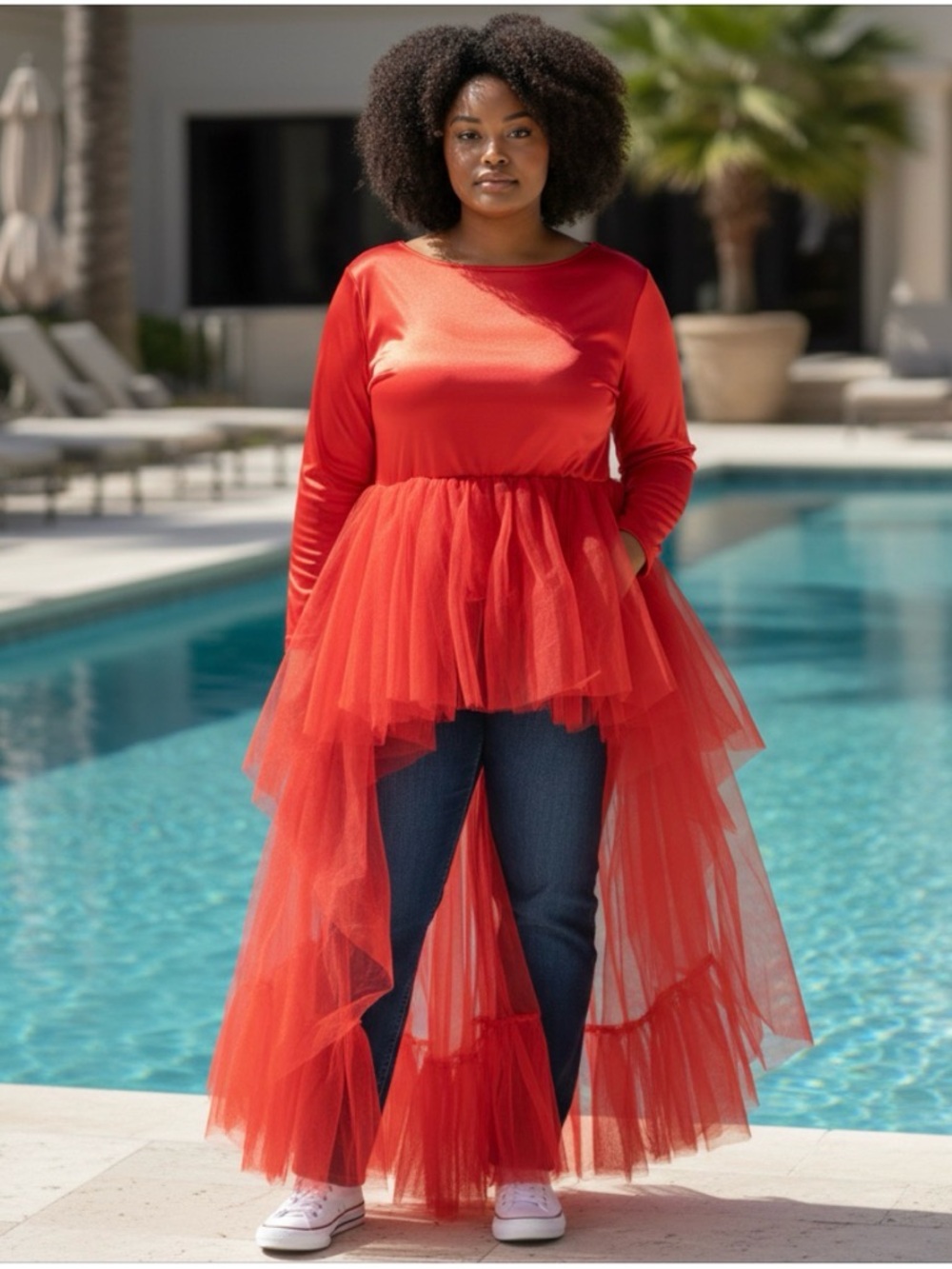 Red Hi-Low Satin and Tulle Women's Hi-Low Dress - Picture 5 of 12
